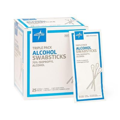 Medline Sterile Alcohol Swabsticks, 3/pk, 25/BX (MDS093810Z)