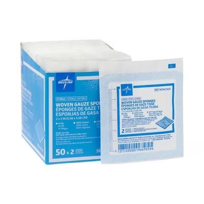 Medline Woven Sterile Gauze Sponges, 2" x 2", 8-Ply, 2/Pack, 100/BX (NON21420H)