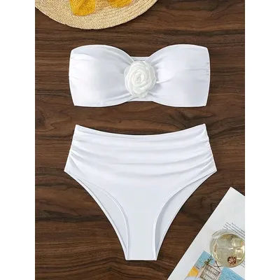 XS-L-Bikini à fleurs 3D pour femme, maillot de bain deux pièces, taille haute