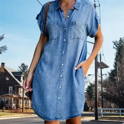 Femmes Denim chemise robes à manches courtes en détresse Jean robe boutonnée décontracté mode tunique haut