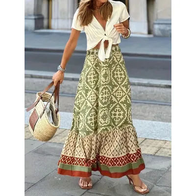 Grande taille femmes été jaune et vert bohème motif irrégulier fibre de polyester grande jupe mode rétro imprimé aléatoire jupe
