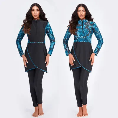 Maillot de bain musulman à manches longues pour femme, burkini, haut, pantalon, hijab, islamique, trempé, plante tropicale, modeste, natation, bain, ensemble de 3 pièces