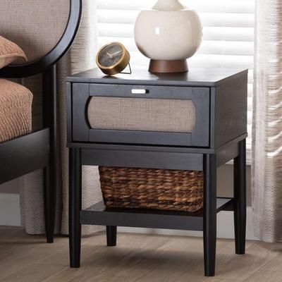 Shirin Mid-Century Beige Fabric and Black Wood 1-Drawer Nightstand by Wholesale Interiors INC in Beige/black (Size ONE SIZE)