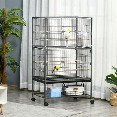 TEMU Large Bird Cage Budgie Cage For Finch Parakeet With Rolling Stand, Slide-out Tray, Storage Shelf, Food Containers, Dark Grey