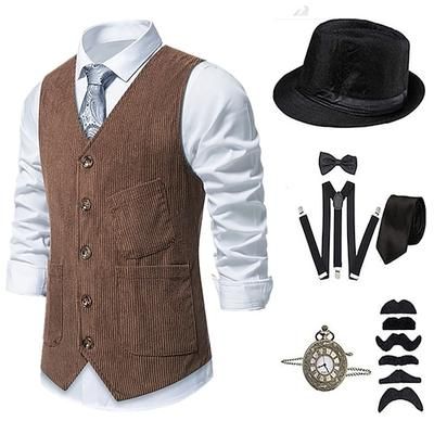 Anni 1920 Ispirato al vintage Il grande Gatsby Costume da festa Mascherata Set di accessori Senza maniche Senza colletto Costume Per uomo Halloween Festa Sera Casual Quotidiano Adulti Gilet Cappello