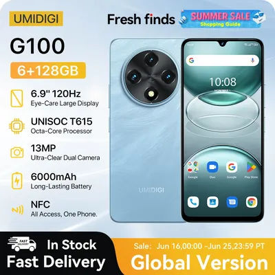 UMIDIGI G100 Smartphone Android 14 NFC 6.9" 120Hz 128GB 50MP Triple Camera 6000mAh Battery 20W Charging Dual SIM