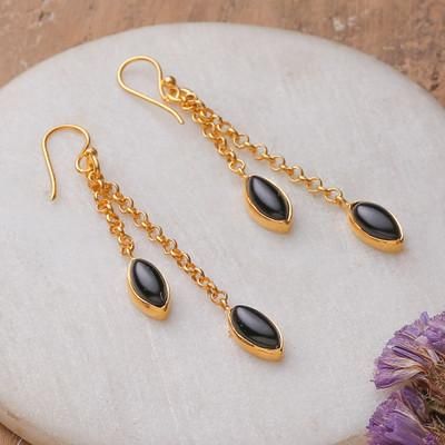 Midnight Gala Seeds,'Black Onyx Gem Dangle Earrings Bathed in 22k Gold Plating'