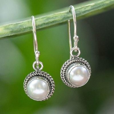 Luminous Aura,'White Pearl with Rose Overtone and Silver Dangle Earrings'