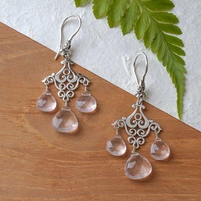 'Balinese-Made Fan-Shaped Rose Quartz Chandelier Earrings'