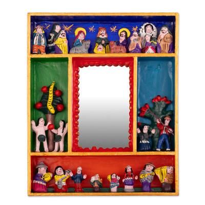 'Nativity and Garden of Eden-Themed Wood Ceramic Wall Mirror'