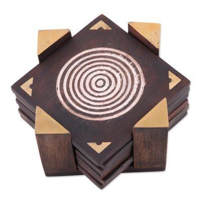Bull's Eye,'Handmade Set of 6 Brown Geometric Wood Coasters from India'