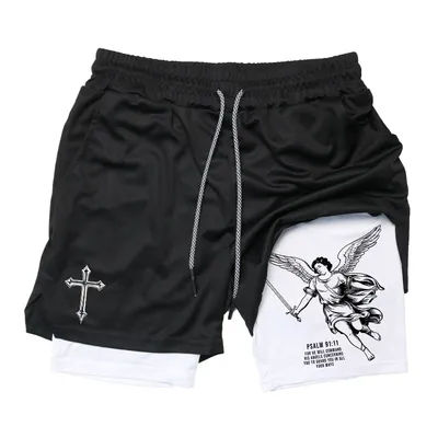 Angel Cross Graphic 2 in 1 Workout Running Shorts for Men Gym Athletic Quick Dry Shorts with Phone Pocket Towel Loop Activewear