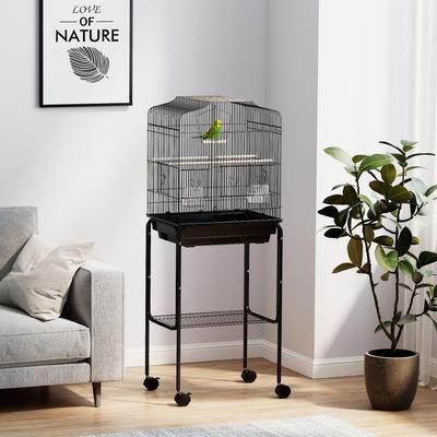 TEMU Bird Cage Budgie Cages For Finch Canary Parakeet With Stand Wheels Slide-out Tray Accessories Storage Shelf, Black 46.5 X 36 X 124 Cm