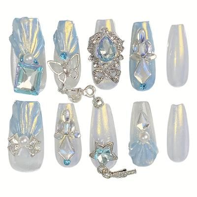 TEMU Blue And White Rhinestone Nails