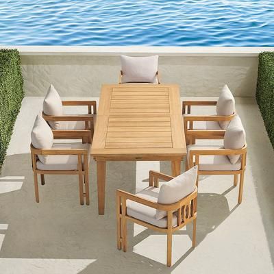 Porticello 7-pc. Dining Set with Cushions in Natural Teak - Outdoor Velvet Dove - Frontgate