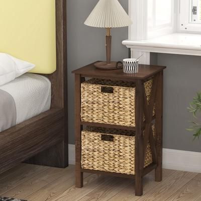 TEMU Goflame 2-tier Side End Table, Nightstand With 2 Seagrass Baskets, Stable Wood Frame, Accent Sofa Storage Cabinet Nightstand Furniture Organizer For Living Room Bedroom