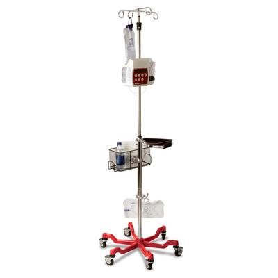 Medline Stainless Steel 6-Leg Heavy-Duty IV Pole with Quick Release Casters, 4 Hook, 73" to 99-1/5" H, Red Base, 2/CS (MDS80600RED)
