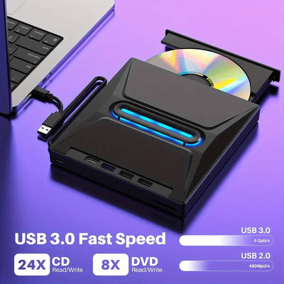 TEMU New Luminous 3 Usb 3.0 External Cd Dvd Drive, Typ C Portable Cd/dvd+/-rw Drive/dvd Player With Sd Card Reader Cd Rom Burner Compatible With Laptop Desktop Windows