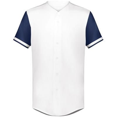 Augusta Sportswear 6909 Athletic Cutter+ Full Button Baseball Jersey T-Shirt in White/Navy Blue size Small | Polyester/Spandex Blend