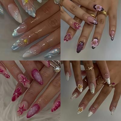 TEMU 96pcs Almond Shaped Nail Set With Floral & Glitter Patterns, Mixed Color Glossy Finish, Comfortable & Easy To Apply, Long-lasting Shine, Includes Jelly Glue & Nail File