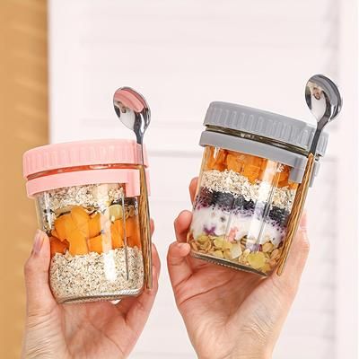 TEMU Ldq 2pcs 11.83oz Glass Overnight Oats Cups With Spoons - Portable Breakfast Salad & Yogurt Jars,overnight Oats Jar,overnight Oats Jars,overnight Oats Jar Glass - In White/pink/yellow