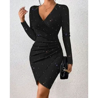 Elegant Black V-Neck Long Sleeve Mini Dress with Glitter Detail - Stretchy Polyester Ruched Cocktail Party Gown for Women, Cock