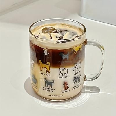 TEMU 420ml Cartoon Dog Glass Cup, High Borosilicate Glass Material, Round Shape, Microwave Safe, Hand Wash Only, Reusable, With , For Coffee, Latte, Cappuccino, Juice, Milk, As Gift For And Kids