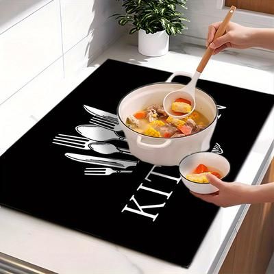 TEMU 1pc, Non-slip Kitchen Drying Mat, Polyester 100%, Multipurpose Absorbent Dish Drainer Pad, Coffee Machine, Washer, Microwave, Fridge, Bar Mat, Design