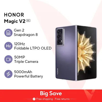 Global Version Honor Magic V2 5G Foldable LTPO OLED 120Hz Display 7.92" 50MP Rear Cameras Snapdragon 8+ Gen 2 5000mAh 66W NFC