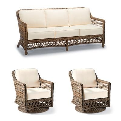 Hampton 3-pc. Sofa Set with Two Swivel Lounge Chairs in Driftwood Wicker - Standard, Resort Stripe Sand - Frontgate