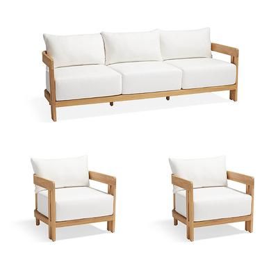 Porticello 3-pc. Sofa Set with Two Lounge Chairs in Natural Teak - Rain Indigo - Frontgate