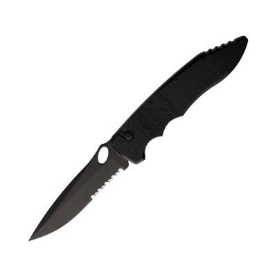 Piranha Knives Auto Predator Automatic Automatic Folding Knife 4in CPM S30V Black Oxide Partially Serrated Blade Black Textured Aluminum Handle