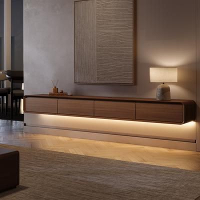 95" Modern Floating TV Console with LED Lights, Dark Wood Wall-Mounted Media Console with Storage, LED TV Stand, Perfect for 85-inch TVs