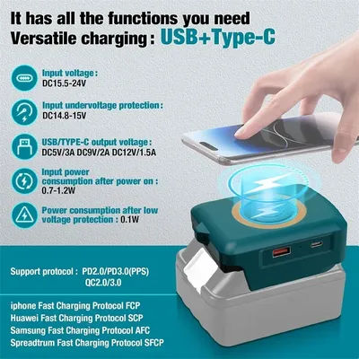For Makita/Dewalt/Milwaukee 18V Li-ion Battery Wireless Phone Charger USB Adapter With Type-C Charge Port Portable Power Bank