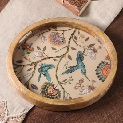 'Sylvan-Themed Resin-Coated Mango Wood Tray Made in India'