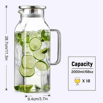 TEMU 1pc Yumiplus Borosilicate Glass Pitcher With Lid And Spout, 68oz Square Carafe With Handle For Hot/cold Beverages, Ideal For Iced Tea, Coffee, Juice, Milk - Fridge-friendly Drink Jug
