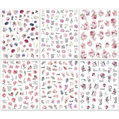 TEMU 6pcs Floral Nail Art Stickers - 3d Peony & , Self-adhesive Spring/summer Nail Decals In Pink, Purple, Diy Manicure Accessories For Women, Plastic Material, Nail Stickers