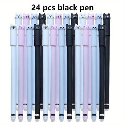 TEMU 24-pack Cat-themed Erasable Gel Pens, Fine Point, 0.5mm, For Smooth Writing, Refillable With Erasers, Ideal For Office & School Use, Applicable 14+, Plastic Material, Featherless Design