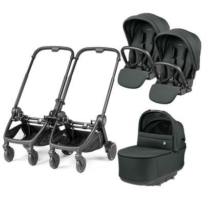 Peg Perego City Loop Double Stroller + Pop Up Bassinet With Stand Bundle - Black / Metal / Metal