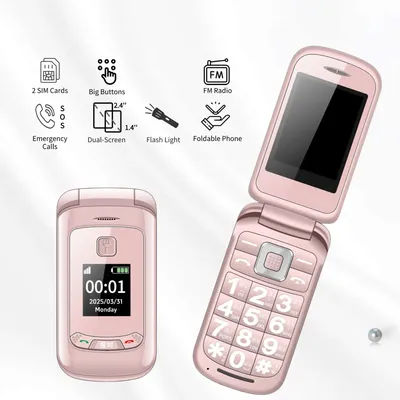 Pink Mini Flip Phone for Women Dual Screen Big Button SOS Dial Torch Light Budget Clamshell Mobile Retro Style Long Standby