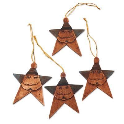 Wood ornaments, 'Vintage Blue Santa' (set of 4)