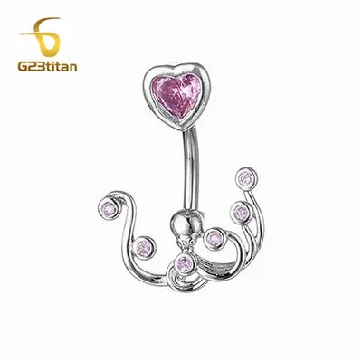 Silver Color Octopus Navel Rings Pink Zircon F136 Titanium 14G Curved Barbell Nombril Body Piercing Women Belly Button Jewelry
