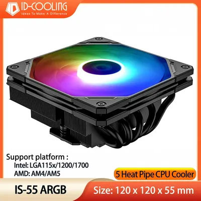 ID-COOLING IS-55 Low Profile Down Pressure CPU Cooler 55mm Height 5 Heatpipes Slim Fan, for Intel LGA1700/115X/1200 AMD AM4/AM5