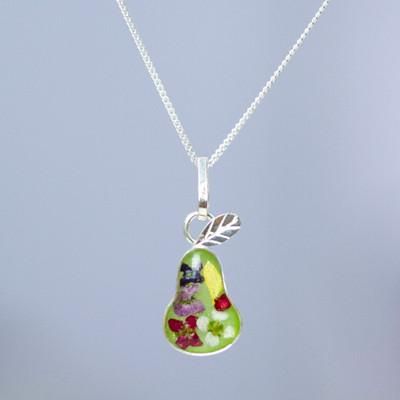 Perfect Pear,'Pear Pendant Necklace with Natural Flower Preserved in Resin'