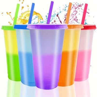 TEMU 5pcs 5-colors 720ml/24oz Color-changing Plastic Water Cup With Lid And Straw, Suitable For Parties, Travel Etc., Color When Cold