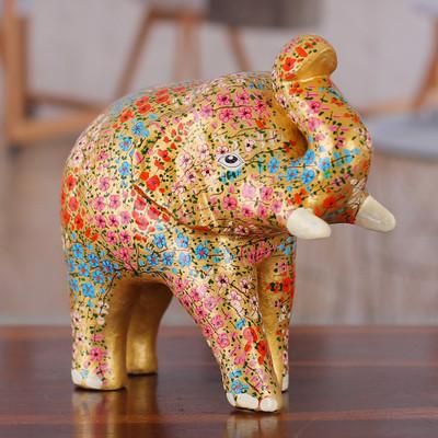 'Golden Spring-Themed Floral Papier Mache Elephant Sculpture'