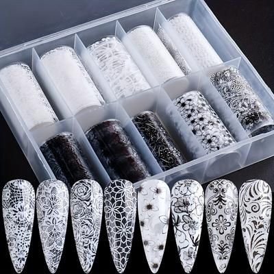 TEMU 10 Rolls Lace Nail Foil Black & White Nail Art Foil Transfer Stickers Designer Nail Foil Nail Art Foil Designs Nail Decals For Women's Acrylic Nail Art Decoration