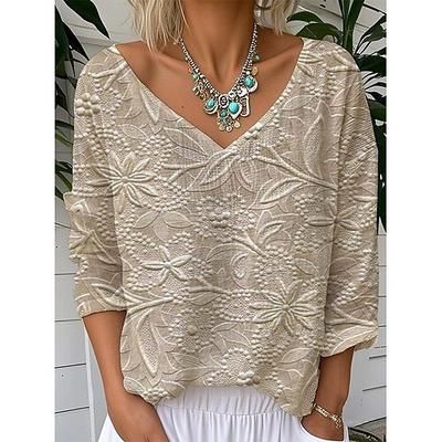 T-shirt da donna floreale grafica piante vintage tropicale elegante a maniche 3/4 con scollatura a V top regolari quotidiani per uscire weekend argento oro kaki estate primavera