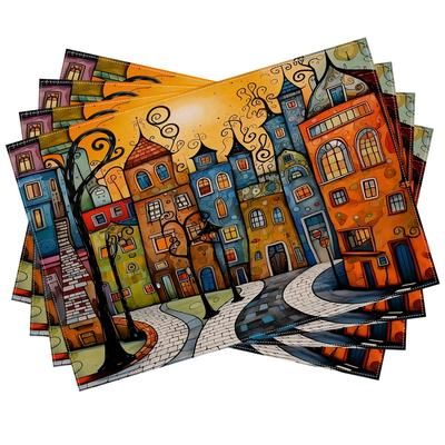 TEMU 4-pack Woven Placemats, Colorful Oil Painting Design, 12x18 Inch, Durable Linen-polyester Blend, Machine Washable, Rectangular Table Mats For Dining Room, Home, Restaurant, Camping, Party Decor