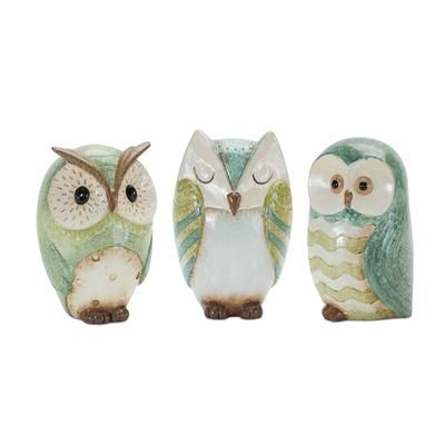 Terra Cotta Owl Figurine (Set of 3) by Melrose in Blue/green/white